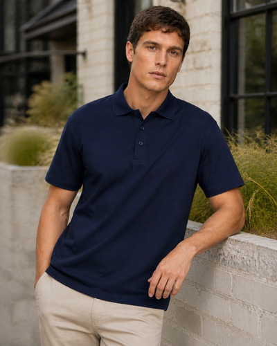 Male model wearing Combed Cotton Polo in deep navy