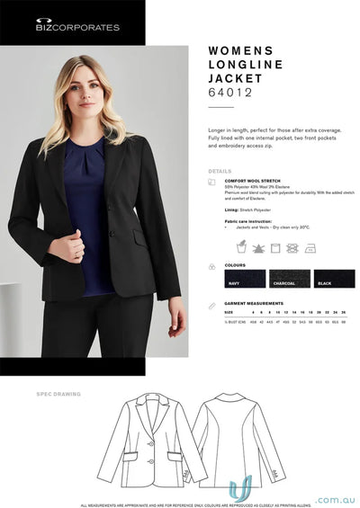 Womens longline jacket with comfort wool, embroidery access zip, and wool stretch fit