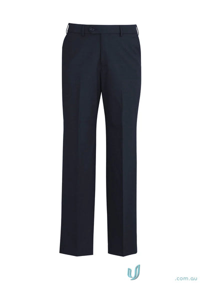 Dark navy comfort wool mens dress pants with flat front and internal security pocket