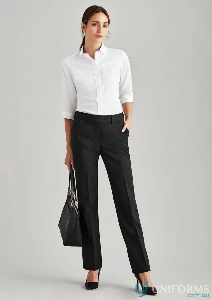 Woman wearing comfort wool midrise adjustable waist pant for a professional look