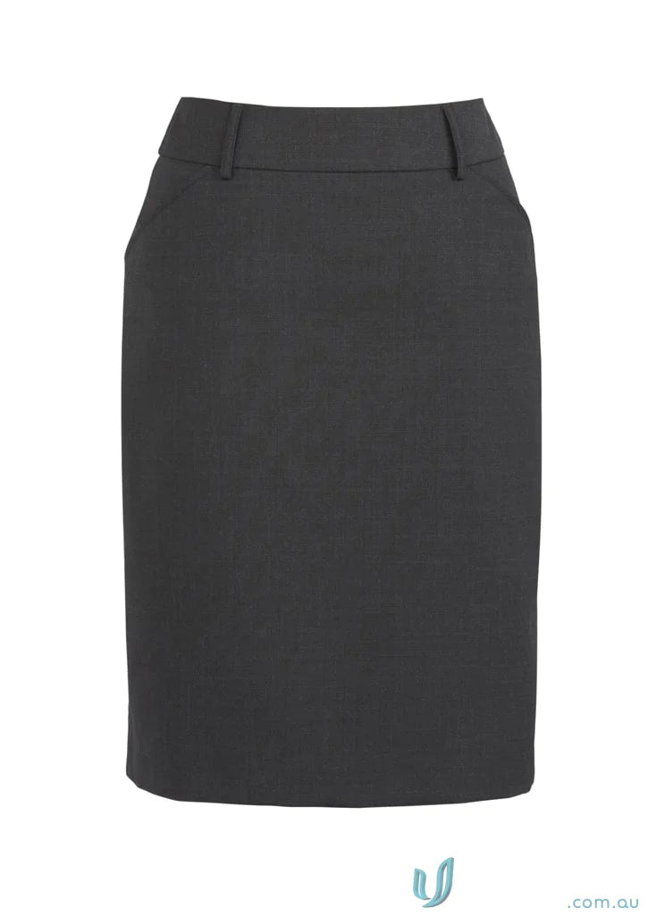 Womens dark gray comfort wool stretch multi-pleat skirt with belt loops and side pockets