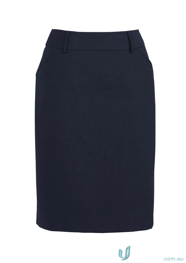 Dark navy blue comfort wool stretch multi-pleat skirt with flat waistband and belt loops