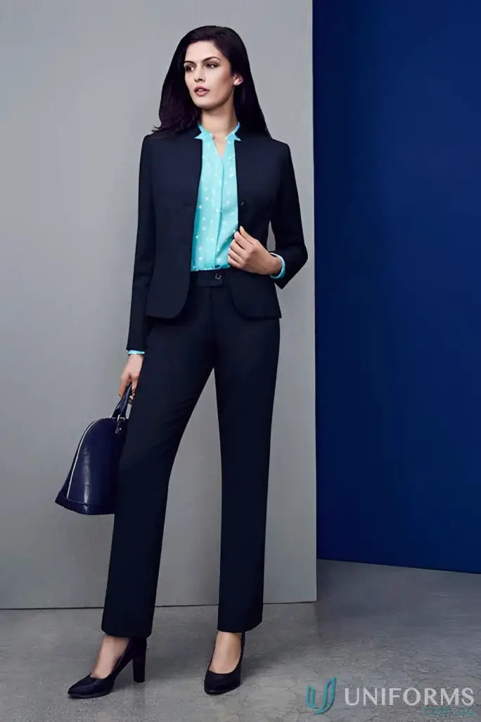Womans navy business suit with comfort wool relaxed stretch fit straight leg pants