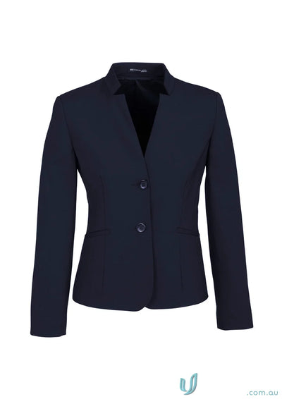 Navy blue comfort wool short blazer with reverse lapel for women