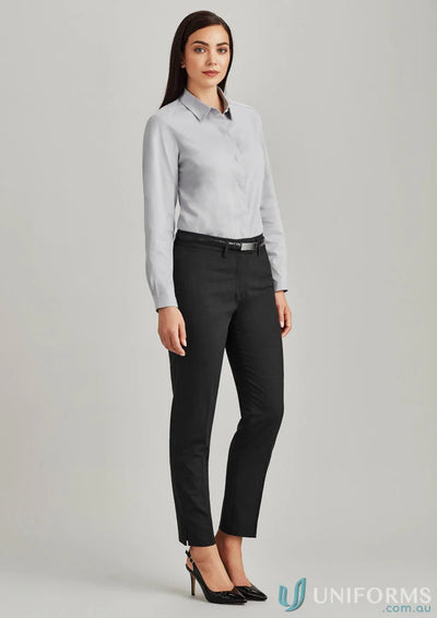 Woman wearing gray button-down shirt with Comfort Wool Stretch slim leg pant for a sleek look