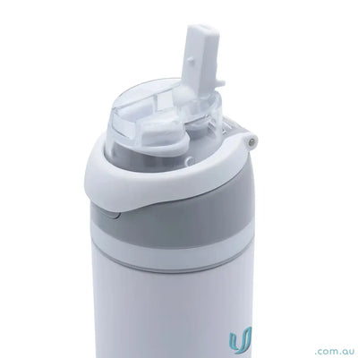 White and gray stainless steel drink bottle with flip-top straw and powder coat finish