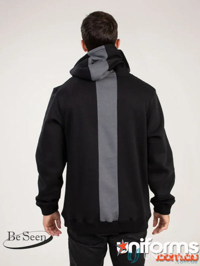 Black hoodie with gray stripe made from premium brushed fleece and recycled polyester