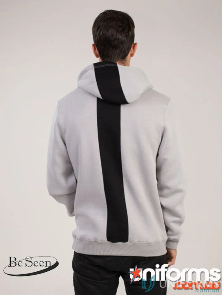 Gray hoodie with black stripe made from recycled polyester, premium brushed fleece style