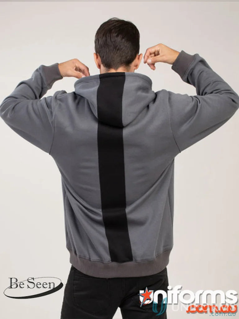 Gray hoodie with black stripe made from premium brushed fleece and recycled polyester