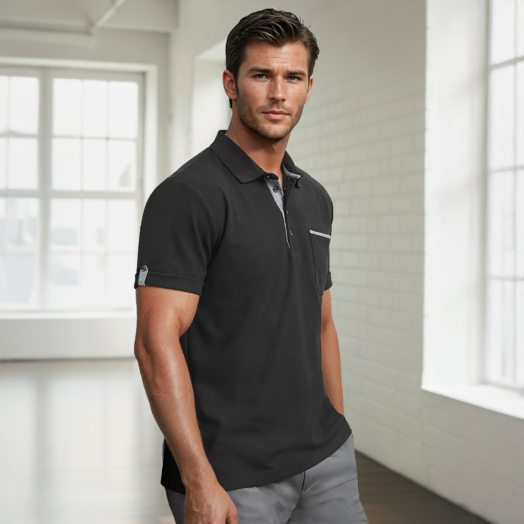 Contrast Check Polo: black edge short sleeve with woven check collar