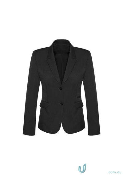 Black cool stretch two-button blazer on a mid length jacket product shot