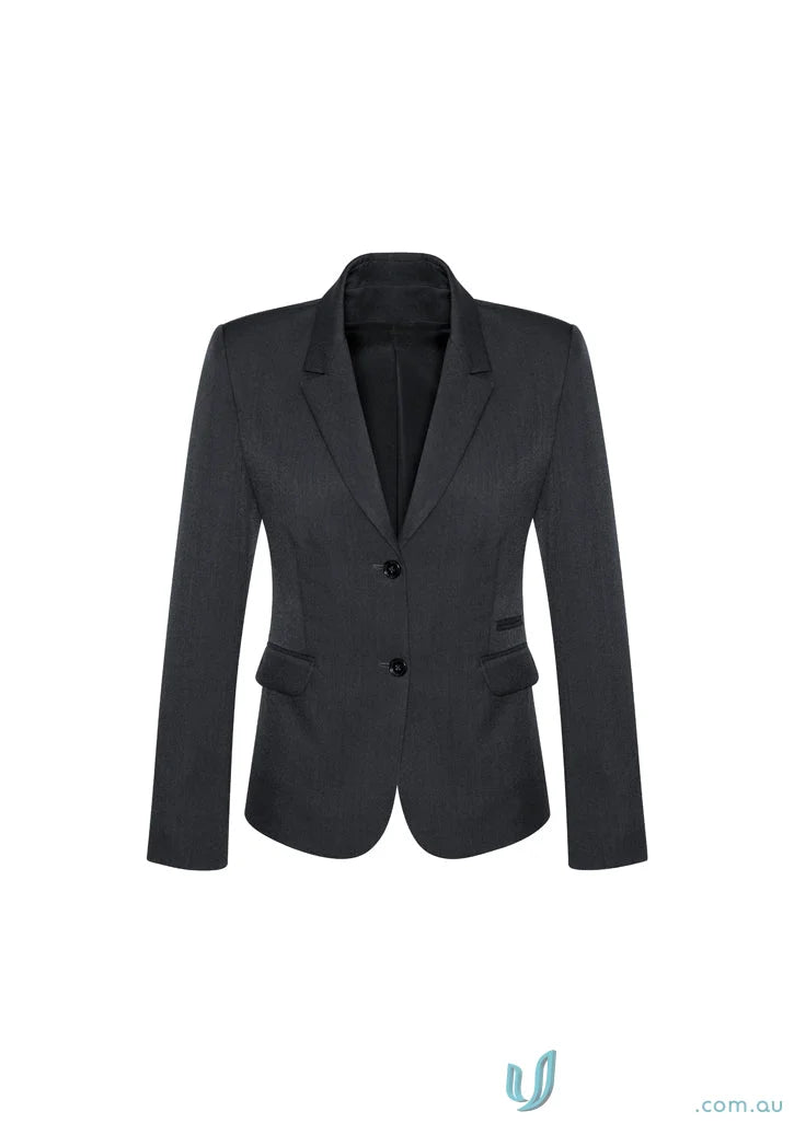 Black women’s blazer showcasing cool stretch button mid length jacket style