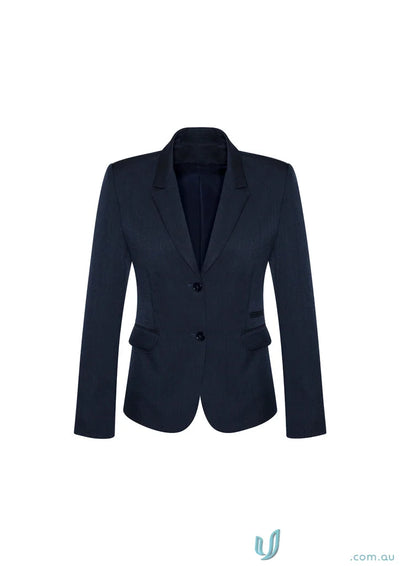 Navy blue women’s cool stretch button mid length jacket for a stylish look