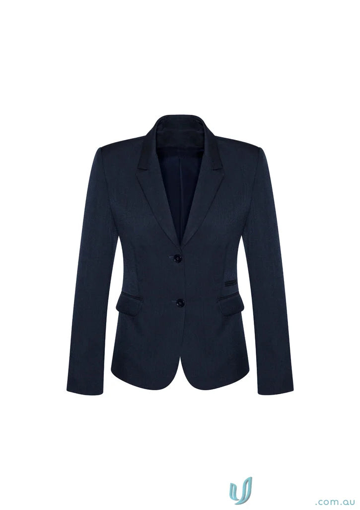 Navy blue women’s cool stretch button mid length jacket for a stylish look