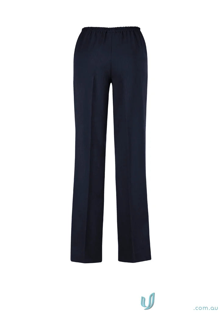 Dark blue stretch easy fit straight leg pants with elastic waist for comfy style
