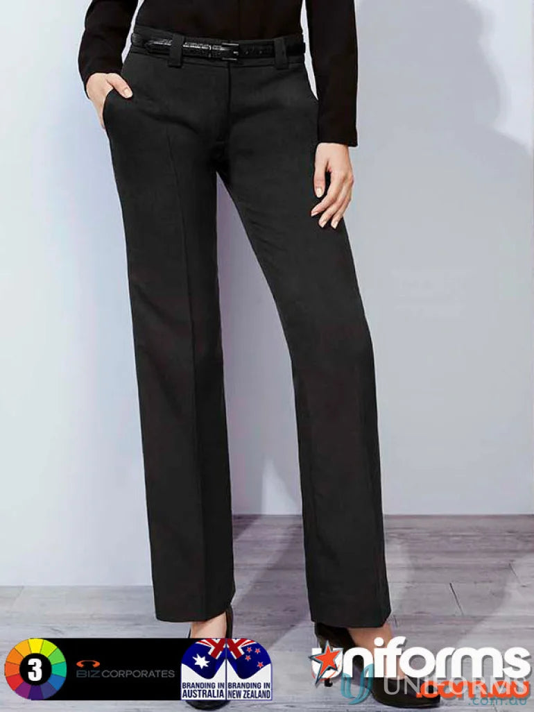 Black womens trousers with straight leg and black belt, perfect for hipster fit workwear