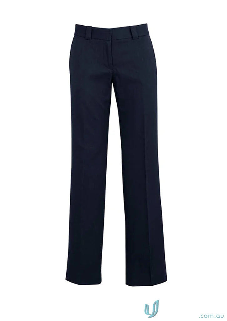 Dark blue womens dress pants with straight leg, perfect for hipster fit workwear