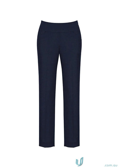 Cool stretch navy blue dress pants, slim leg bandless slim leg pant for style and comfort