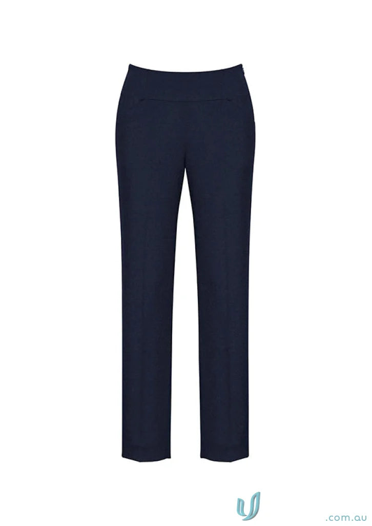Cool stretch navy blue dress pants, slim leg bandless slim leg pant for style and comfort