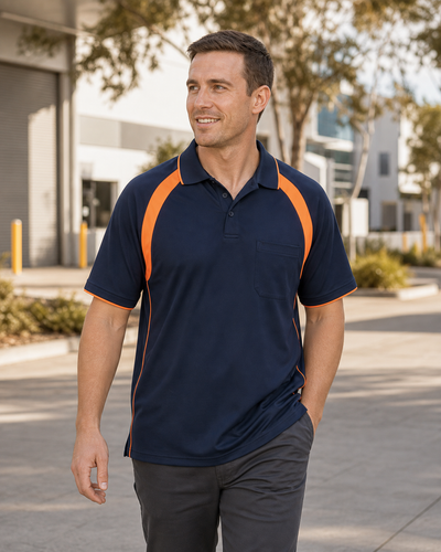 Australian male model wearing navy and orange Coolbreathe Contrast polo