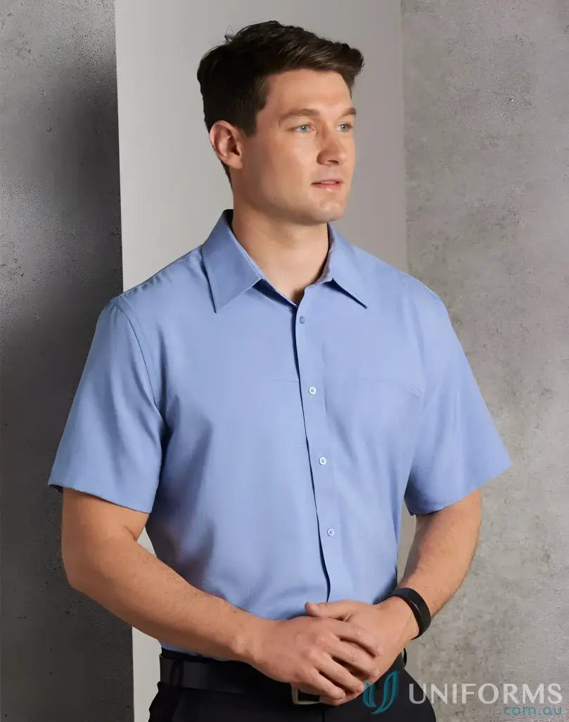 CoolDry Mens SS Health Shirt in light blue with pocket and buttons, perfect for winning spirit