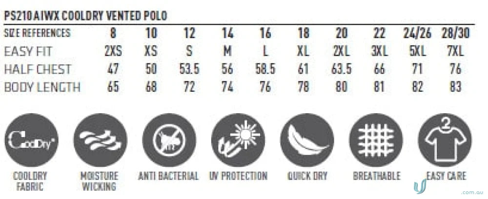 Polo shirt size and feature chart for Cooldry Vented Polo, stay cool with PS210 unisex cooldry