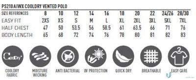 Polo shirt size and feature chart for Cooldry Vented Polo, stay cool with PS210 unisex cooldry