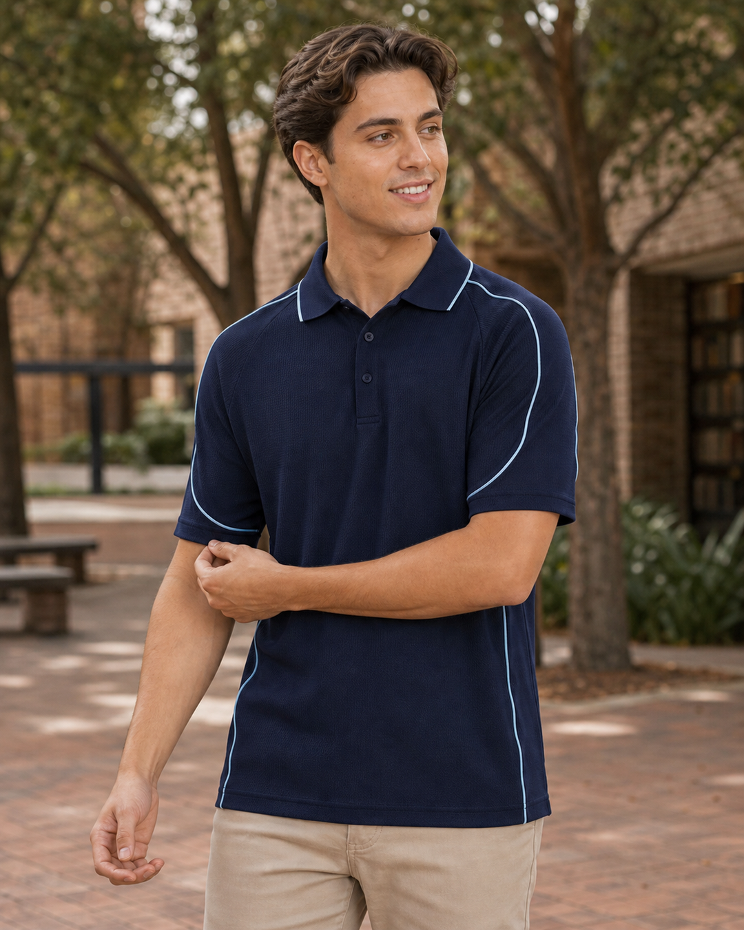 Mediterranean Australian male model wearing navy Cooldry Waffle Knit Polo
