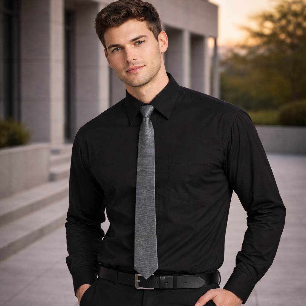 Sleek gray textured tie on bs01l mens poplin long sleeve business shirt