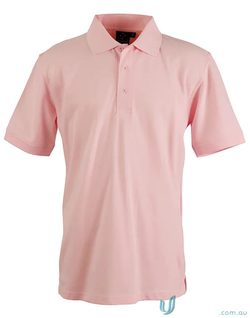 Pink short-sleeved polo shirt from the Cotton Stretch Pique Polo collection at PS55 Darling Harbour