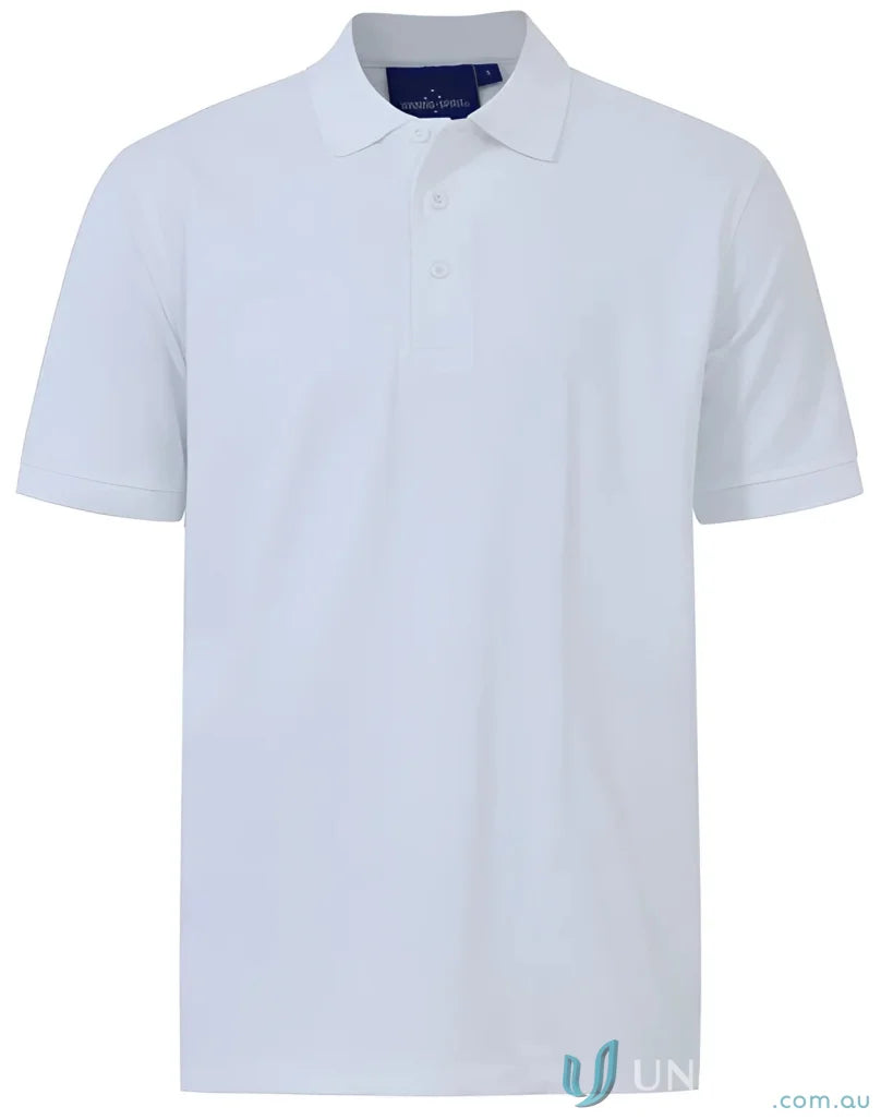 White short-sleeved pique polo shirt from Cotton Stretch Pique Polo collection, perfect for Darling Harbour