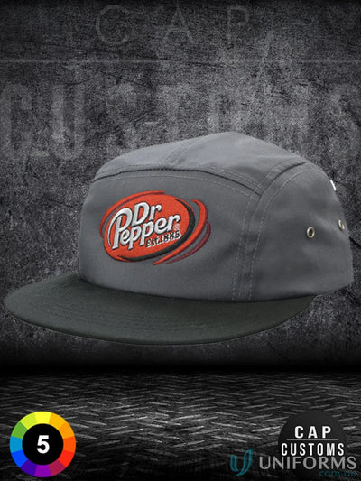Gray Dr. Pepper five-panel cap with flat brim for uniforms and workwear, faq link friendly