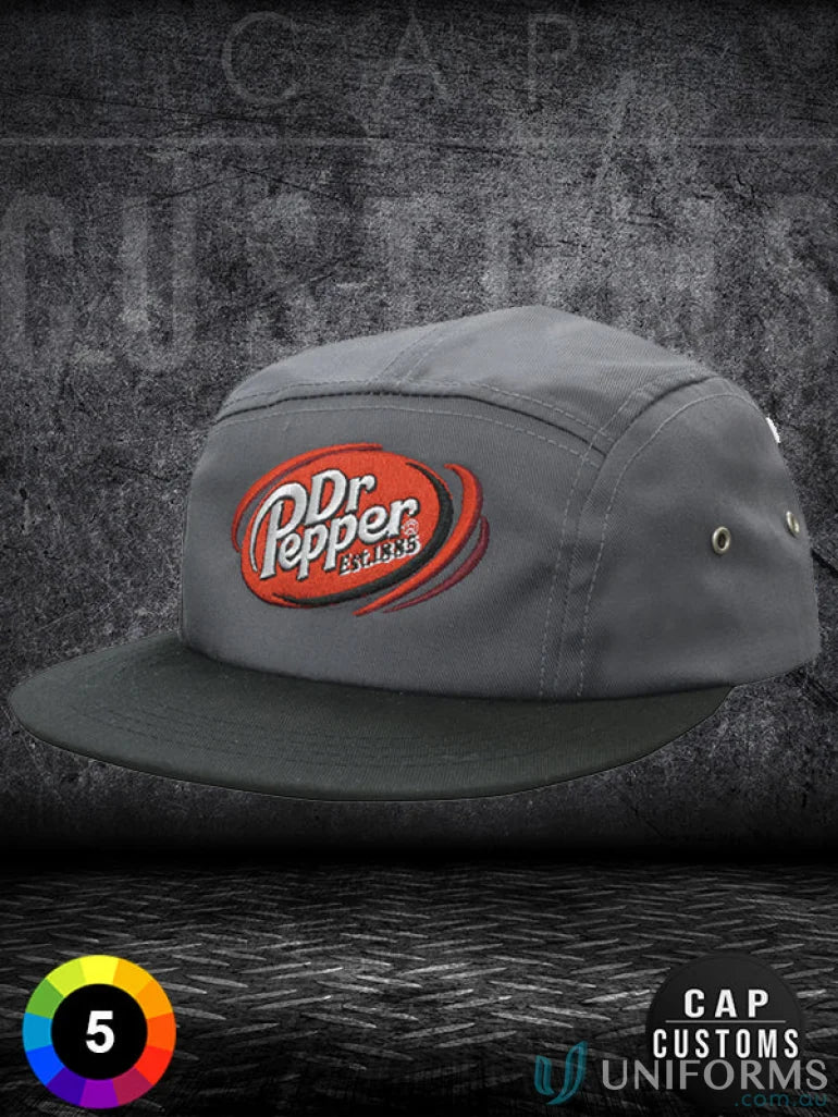 Gray Dr. Pepper five-panel cap with flat brim for uniforms and workwear, faq link friendly