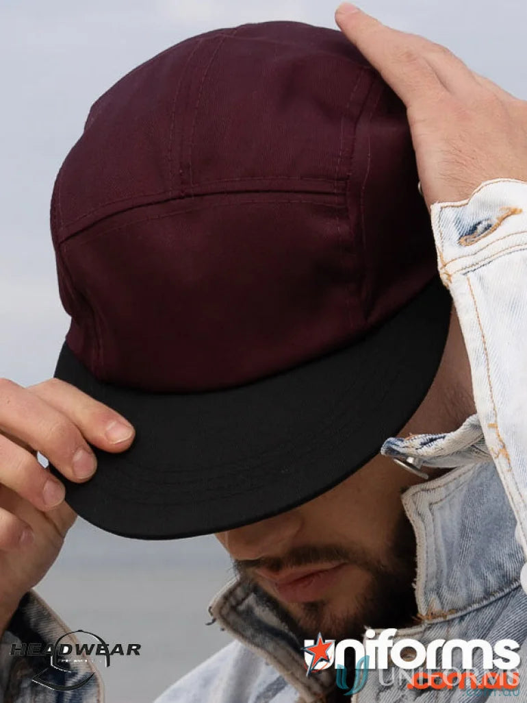 Maroon and black five-panel cap from Cotton Twill Square Front, perfect for uniforms or workwear, see FAQ link