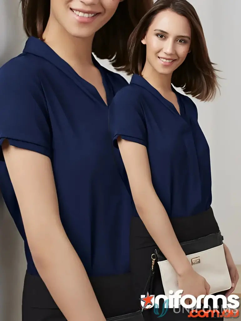 Navy blue CR EM B Ladies Blouse with V-neck, collar, madison short sleeve, easy-care fabric