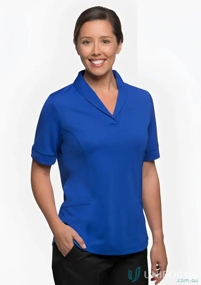 Royal blue EMB Ladies City work uniforms women’s scrub top with notched V-neck