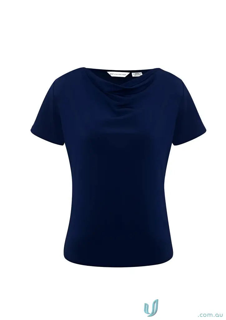 Navy blue cowl neck jersey knit top from CR EMb Ladies Drape Knit Top, perfect workwear