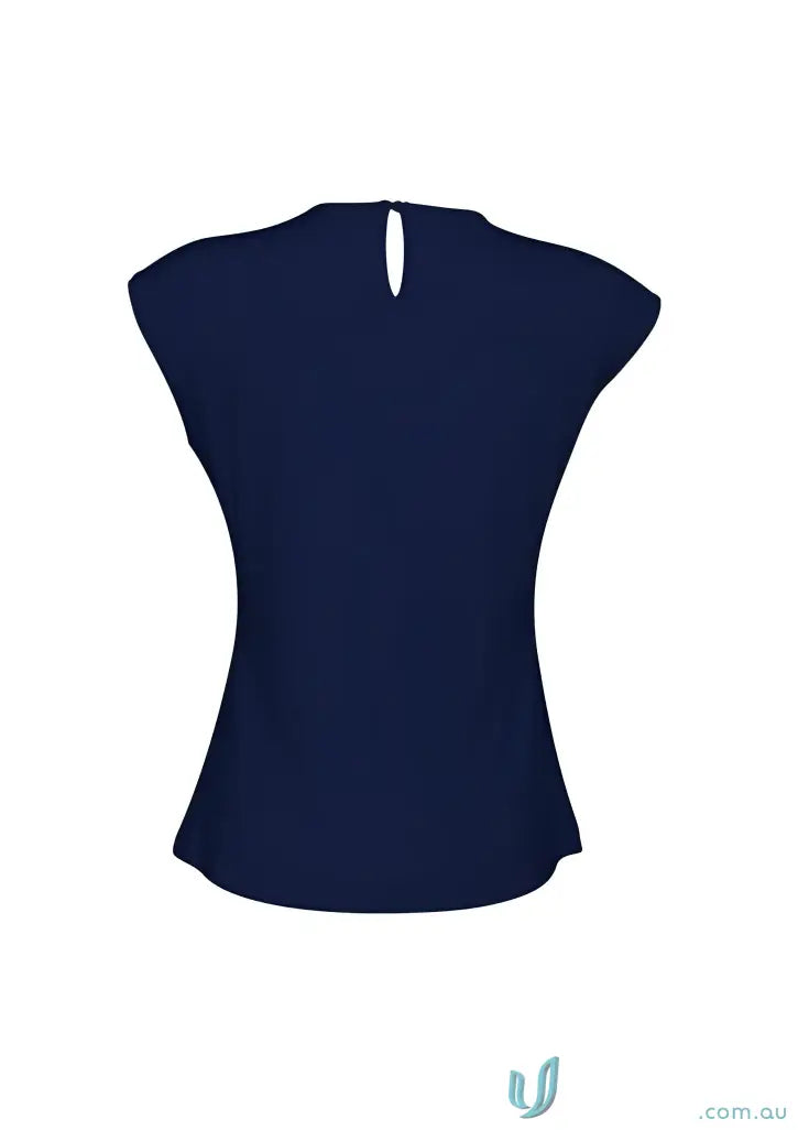 Navy blue women’s jersey knit blouse from CR EMB Ladies Pleat Knit Top, perfect for work uniforms and comfortable fit