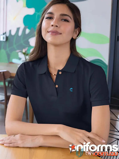 Navy Polo Shirt with White Button Placket from CR EM Ladies Polo for Work Environments