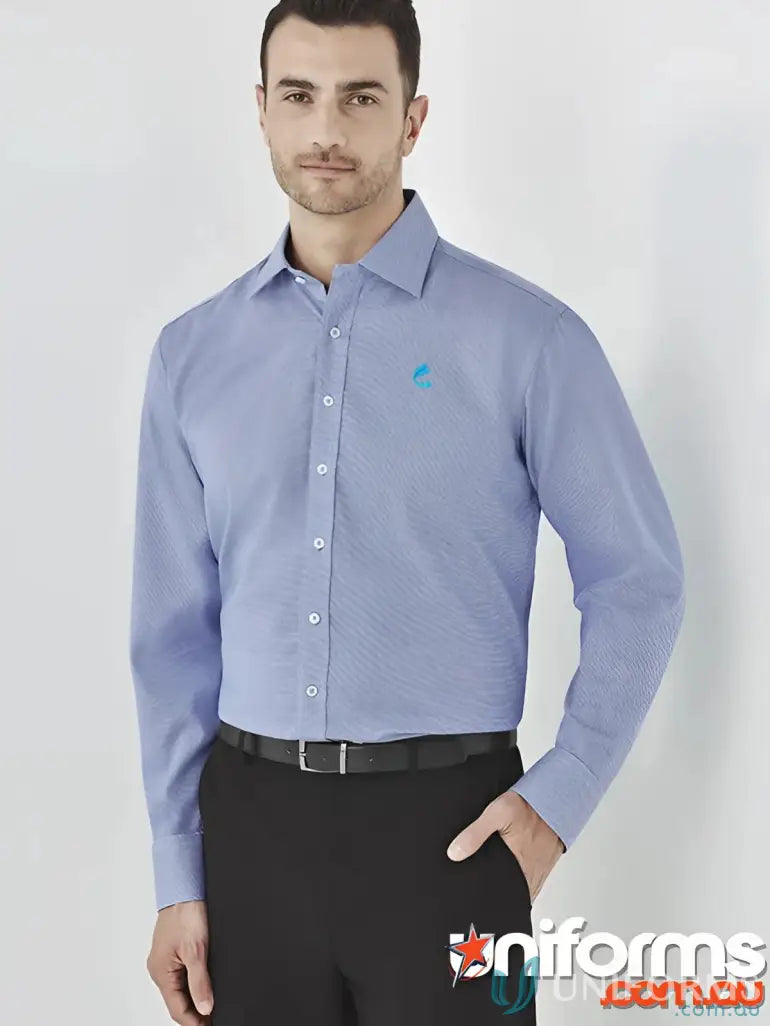 Man in blue patterned dress shirt from CR (EMB) mens cotton work uniforms
