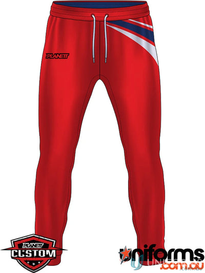 Red athletic pants from CR145 Custom Cricket Pants made with sublimated sports fabric