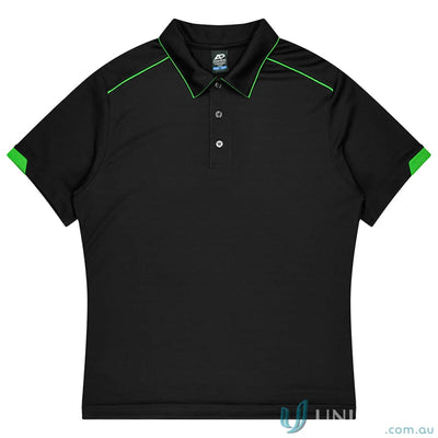 Currumbin Kids Polos black polo shirt with green trim, perfect for mini waffle uniforms