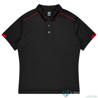Currumbin Kids Polos black polo shirt with red trim, perfect for mini waffle uniforms
