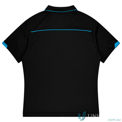 Currumbin Kids Polos black mini waffle uniforms with blue trim and accents for workwear