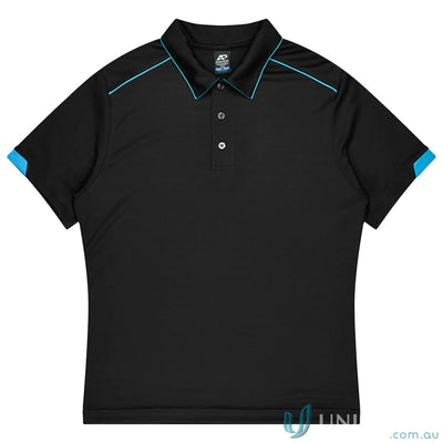 Currumbin Kids Polos black short-sleeve polo with blue trim, perfect for mini waffle uniforms or workwear