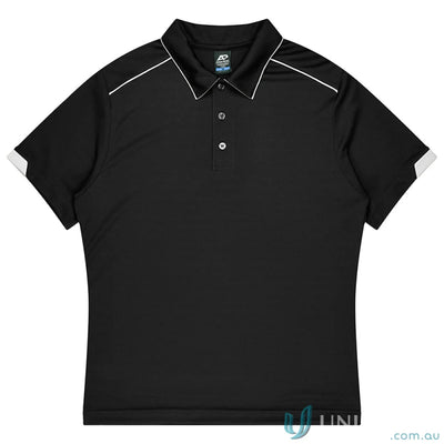 Black short-sleeved Currumbin Kids Polo with white trim, perfect for mini waffle uniforms or workwear