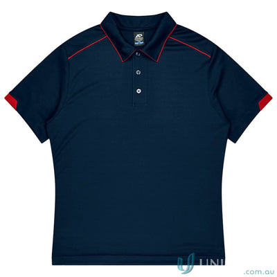 Currumbin Kids Polos dark blue mini waffle polo with red trim, perfect for uniforms or workwear