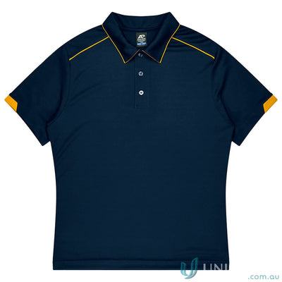 Currumbin Kids Polos men’s navy blue polo with yellow trim, perfect for uniforms or workwear