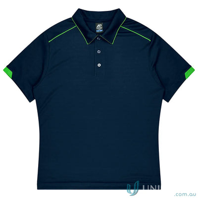 Navy blue Currumbin Kids Polo with lime green trim, perfect for mini waffle uniforms