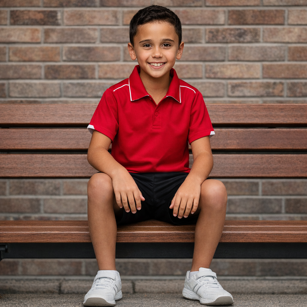 Young boy in Currumbin Kids Polos red mini waffle uniform shirt